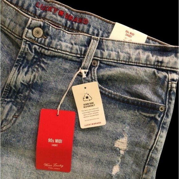 Lucky Brand 90s Midi Denim Shorts Womens 14/32 High Rise Distressed Cutoff NEW - Picture 3 of 14